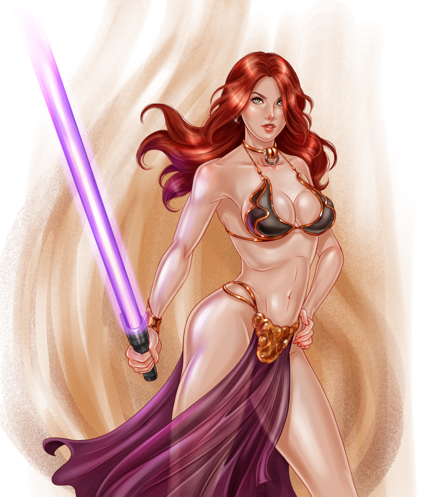1girl absurdres alternate_costume breasts cleavage curvy energy_sword green_eyes highres holding holding_sword holding_weapon huttslayer_leia kris&amp;jen large_breasts lightsaber long_hair looking_at_viewer mara_jade metal_bikini navel pelvic_curtain princess_leia purple_lightsaber red_hair shiny_skin solo star_wars sword weapon wide_hips