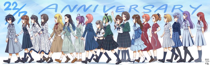22/7 6+girls ahoge antenna_hair belt black_hair blonde_hair blue_eyes boku_ga_motteru_mono_nara boku_wa_sonzai_shiteinakatta bow braid brown_eyes brown_hair cropped_jacket dress everyone flower fujima_sakura glasses grey_belt grey_bow grey_dress hair_ornament hairband highres hiiragi_tsubomi himuro_mizuki ichinose_hotaru kakusei kamiki_mikami kamisama_datte_kimerarenai keisanchuu_new_costume kiryu_touko kono_miyako kumorizora_no_mukou_wa_hareteiru long_hair maruyama_akane multiple_girls muzui nagamine_kaede nani_mo_shiteagerarenai nishiura_sora open_mouth orihara_sumika pantyhose pinafore_dress pink_hair pizza_man plaid_clothes plaid_dress plaid_skirt pleated_skirt purple_eyes red_eyes red_hair rikaisha rokubanchou_school_uniform saito_nicole sato_reika school_uniform sera_honoka shampoo_no_nioi_ga_shita shirt_under_dress short_hair side_ponytail skirt sleeveless sleeveless_dress smile striped_clothes striped_dress summer_uniform tachikawa_ayaka takigawa_miu toda_jun tojo_yuki vertical-striped_clothes vertical-striped_dress winter_uniform yagami_toa