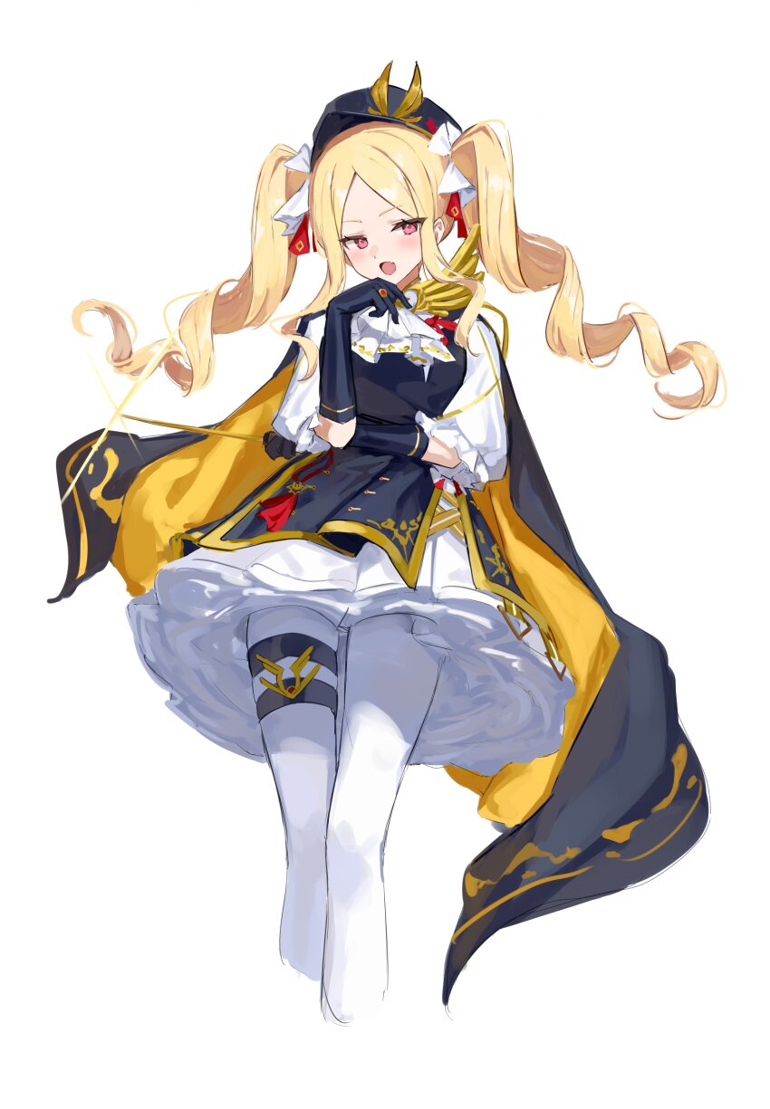 1girl absurdres ascot blonde_hair blue_cape blue_dress blue_gloves blue_hat blush cape commentary_request dress drill_hair elbow_gloves fang gloves hair_ribbon hat highres holding holding_wand jewelry layered_dress long_hair looking_at_viewer ojou-sama_pose open_mouth opulent_strategist_(shadowverse) petticoat red_eyes ribbon ring shadowverse shiro_wa_(shiroshironix) short_dress sketch smug solo standing twin_drills two-sided_cape two-sided_fabric two-tone_dress wand white_ascot white_dress yellow_cape