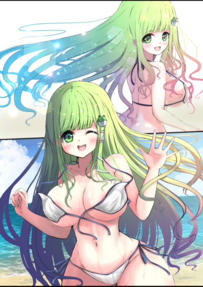1girl absurdres beach bikini breasts commission day frog_hair_ornament green_eyes green_hair hair_ornament hair_tubes highres kochiya_sanae large_breasts long_hair ocean outdoors pixiv_commission simple_background snake_hair_ornament solo swimsuit tomo_(uguisu-tei) touhou undone_bra very_long_hair white_background