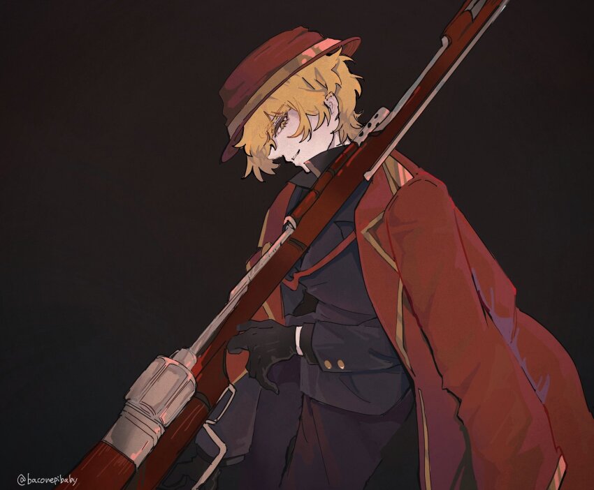 1boy baconepibaby black_background black_gloves black_pants black_shirt blonde_hair coat coat_on_shoulders collared_shirt gloves gun hat highres limbus_company long_sleeves looking_at_viewer male_focus pants project_moon red_coat red_hat shirt short_hair simple_background sinclair_(project_moon) solo standing thumb_(identity)_(project_moon) upper_body weapon yellow_eyes