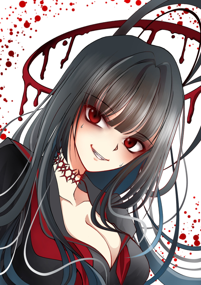 1girl black_hair black_sailor_collar black_serafuku blood blood_halo blue_archive breasts cleavage halo highres large_breasts liquid_halo long_hair looking_at_viewer mancokapa9 neckerchief red_eyes red_neckerchief sailor_collar school_uniform serafuku solo sweat tsurugi_(blue_archive) undone_neckerchief