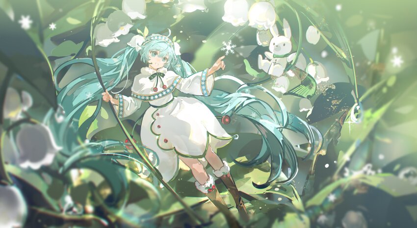 1girl absurdres ainu_clothes aqua_eyes aqua_hair boots brown_boots capelet cherry dew_drop dress dutch_angle flower flower_dress food fruit full_body fur-trimmed_boots fur-trimmed_capelet fur_trim grin hair_between_eyes hair_flower hair_ornament happy hatsune_miku headset highres holding holding_flower knee_boots light_particles lily_of_the_valley long_hair long_sleeves looking_at_animal medium_dress mento mini_person minigirl on_leaf outdoors rabbit rabbit_yukine smile snowflake_hair_ornament snowflake_print sparkle twintails undersized_animal very_long_hair vocaloid water_drop white_capelet white_dress white_flower wide_sleeves yuki_miku yuki_miku_(2015)
