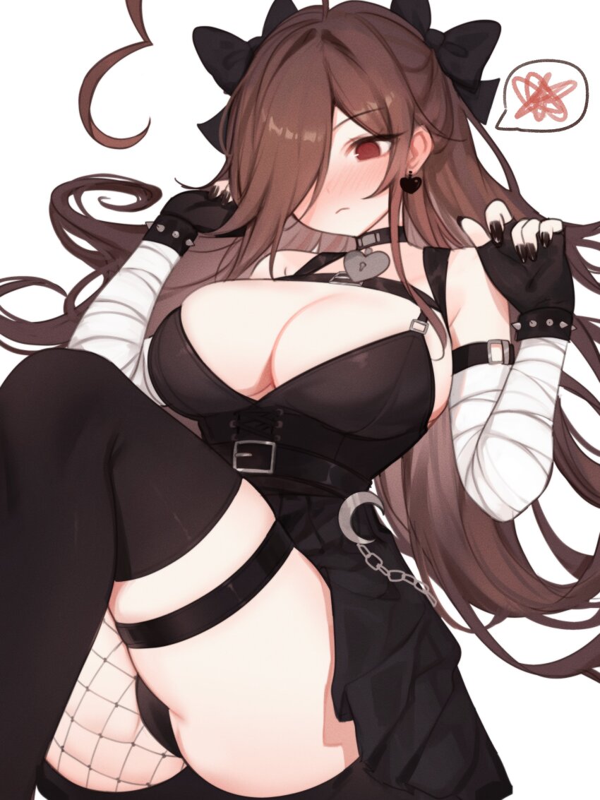1girl absurdres ahoge breasts brown_hair cleavage commentary english_commentary fishnets hair_between_eyes highres indie_virtual_youtuber large_breasts long_hair lying on_back panties simple_background single_fishnet_legwear sky_above_me sky_above_me_(vtuber) solo underwear very_long_hair virtual_youtuber white_background