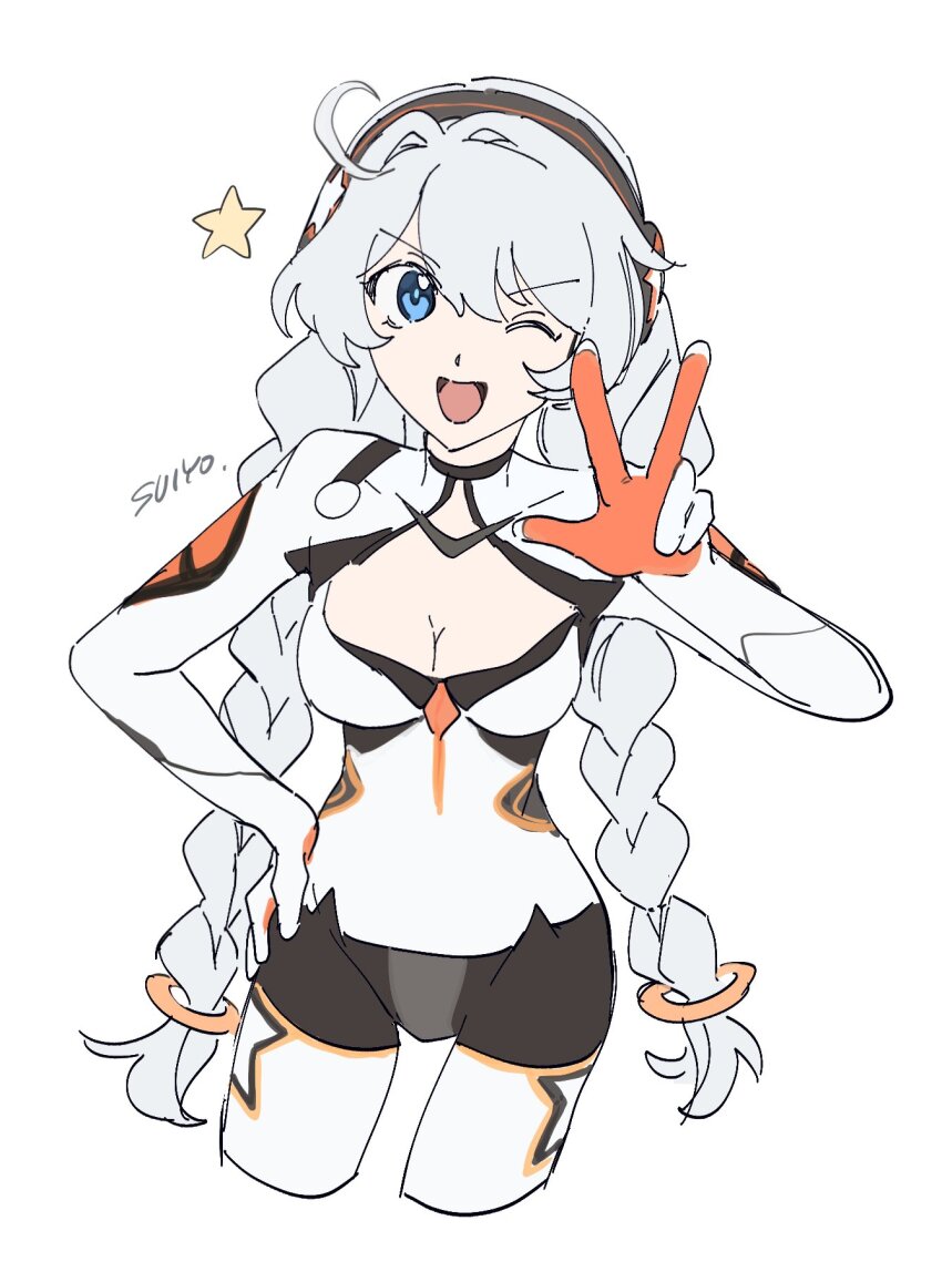 1girl ;d blue_eyes bodysuit braid breasts cleavage commentary covered_groin cropped_legs grey_hair hand_on_own_hip highres honkai_(series) honkai_impact_3rd kiana_kaslana kiana_kaslana_(white_comet) long_hair looking_at_viewer low_twintails medium_breasts one_eye_closed open_mouth signature simple_background smile solo star_(symbol) twin_braids twintails uehara_suiyo very_long_hair w white_background white_bodysuit