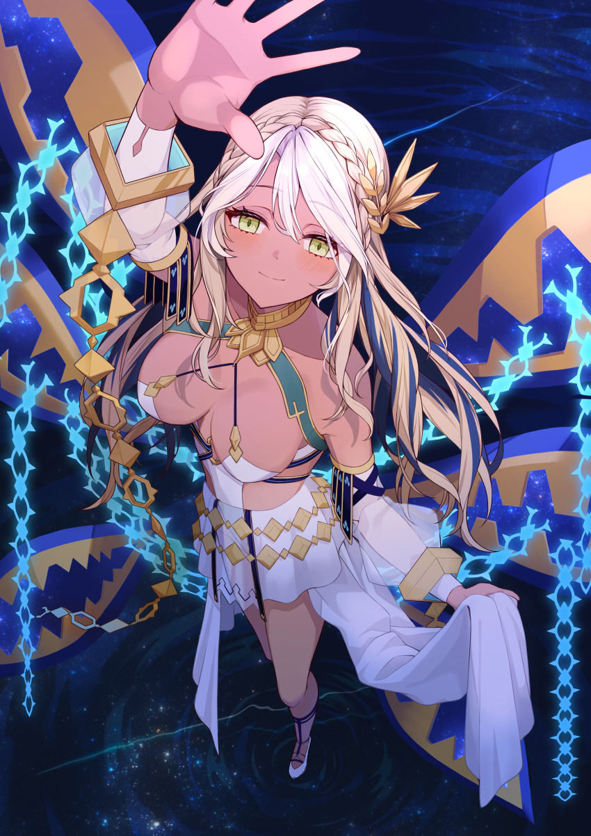 1girl absurdres andromeda_(fate) andromeda_(first_ascension)_(fate) arm_up armlet bare_shoulders belly_chain blonde_hair blush braid breasts chain cleavage collar crown_braid cuffs dark-skinned_female dark_skin detached_sleeves dress fate/grand_order fate_(series) full_body gold_teeth green_eyes hair_ornament highres jaws jewelry kake_udon large_breasts long_hair looking_at_viewer low_twintails metal_collar multicolored_hair shackles short_dress sidelocks smile solo twintails two-tone_hair white_dress white_hair