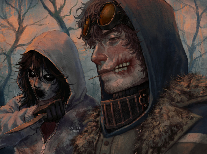 1boy 1girl antlergrave artist_name bags_under_eyes bare_tree black_gloves black_hair black_sclera blue_hood brown_eyes brown_hair buttons colored_sclera creepypasta dusk facial_hair fur_trim glasgow_smile gloves goggles highres holding holding_knife hood hood_up hooded_jacket jacket kate_the_chaser knife long_sleeves mask_pull medium_hair mouth_hold open_mouth outdoors partially_unzipped portrait puffy_long_sleeves puffy_sleeves realistic reverse_grip short_hair teeth three_quarter_profile ticci_toby tree white_eyes white_jacket