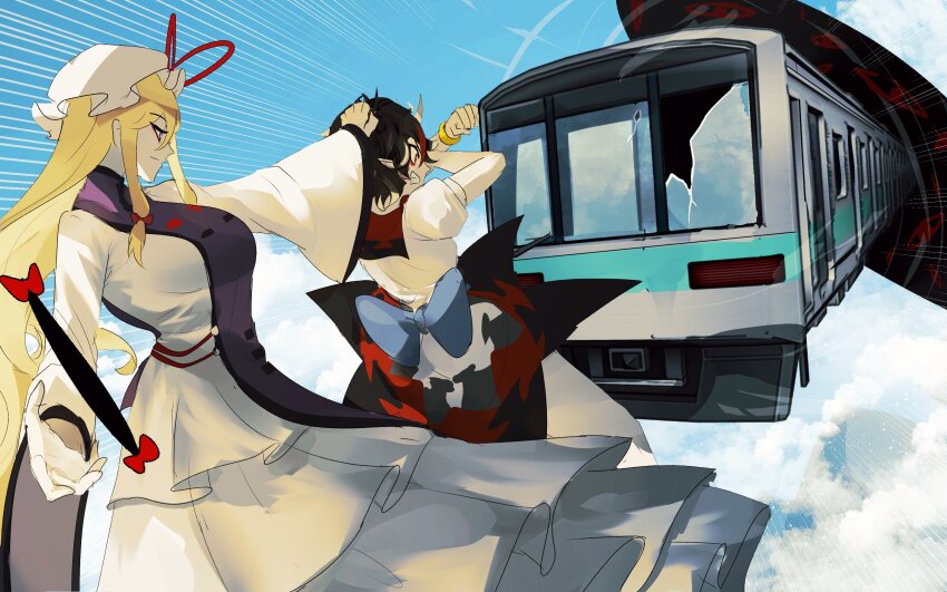 2girls absurdres black_hair blonde_hair blue_sky breasts broken_glass broken_window clenched_teeth closed_mouth cloud day dress emphasis_lines flying gap_(touhou) glass hat highres horns incoming_attack invincible_(series) kijin_seija large_breasts long_hair long_sleeves looking_at_another meme midair mob_cap motion_lines multicolored_hair multiple_girls naufaldreamer nose short_hair skirt sky small_breasts speed_lines spell_card tabard teeth touhou train yakumo_yukari