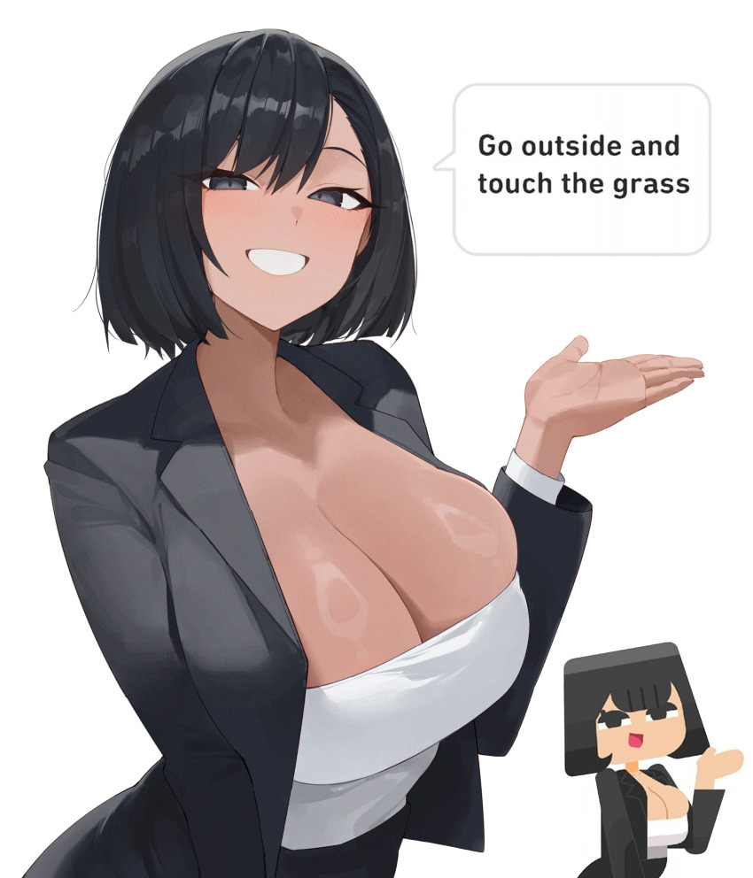1girl absurdres black_eyes black_jacket bob_cut breasts commentary dark-skinned_female dark_skin duolingo english_text hand_up highres huge_breasts jacket looking_at_viewer meme open_clothes open_jacket park_(vvarstromig) reference_inset shirt short_hair simple_background skindentation smile speech_bubble touch_grass_(meme) weimiaw white_background white_shirt
