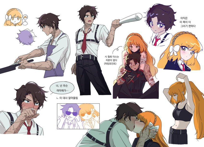 1boy 1girl apron black_gloves black_pants black_shirt black_sports_bra blush bow brown_hair brown_hairband collared_shirt gloves glwkddl hair_bow hairband heathcliff_(project_moon) hetero highres ishmael_(project_moon) kiss korean_text limbus_company long_hair multiple_views necktie orange_hair pants project_moon purple_apron purple_eyes red_necktie shi_association_south_uniform shirt sidelocks simple_background sleeveless sleeveless_shirt sports_bra translation_request very_long_hair white_background white_bow white_shirt