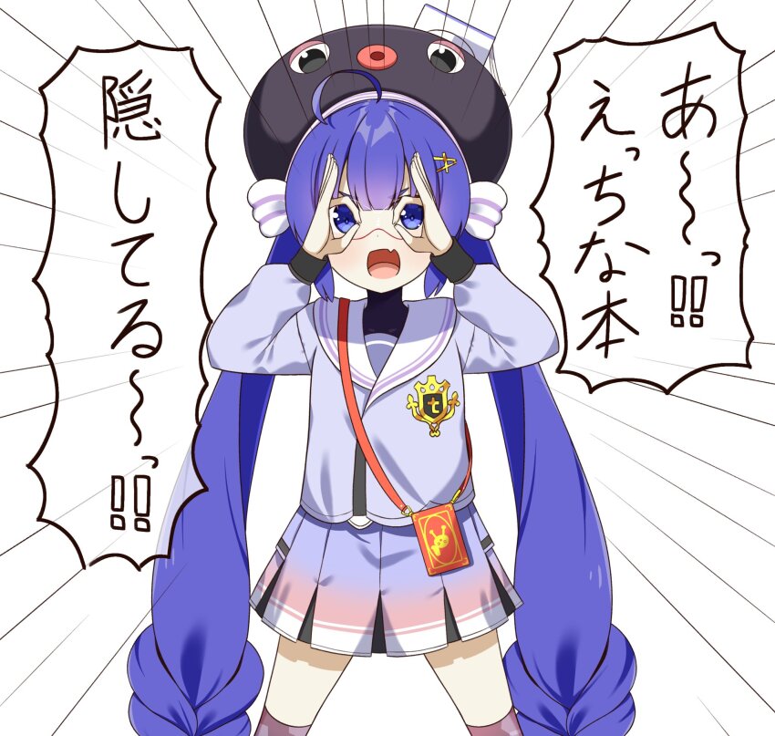1girl :d ahoge animal_hat black_hat black_undershirt blue_eyes blue_hair blue_jacket blue_skirt blunt_bangs braid cellphone_strap chaakusu commentary_request cowboy_shot double_ok_sign eel_hat emphasis_lines fang goggles gradient_clothes gradient_skirt hair_between_eyes hair_ornament hairclip hat hat_ribbon highres jacket large_hat long_hair long_sleeves looking_at_viewer low-braided_long_hair low-tied_long_hair low_twintails mortarboard multicolored_skirt ok_sign ok_sign_over_eye open_mouth otomachi_una otomachi_una_(voicepeak) over-kneehighs pink_skirt pleated_skirt puffy_long_sleeves puffy_sleeves purple_stripes red-framed_eyewear ribbon sailor_collar sailor_jacket shirt shoulder_strap simple_background skirt smartphone_case smile solo speech_bubble standing striped_ribbon thighhighs translation_request turtleneck turtleneck_shirt twintails variant_set very_long_hair voicepeak white_background white_ribbon white_sailor_collar