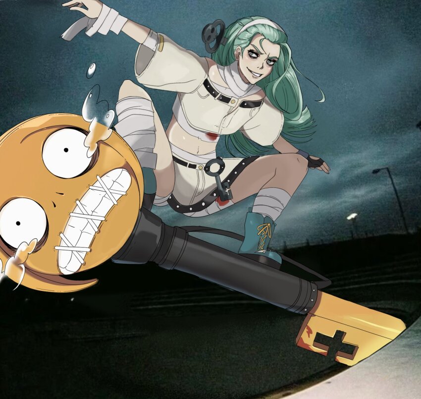 a.b.a bandages fingerless_gloves gloves green_eyes green_hair guilty_gear headband highres nateflotas paracelsus_(guilty_gear)
