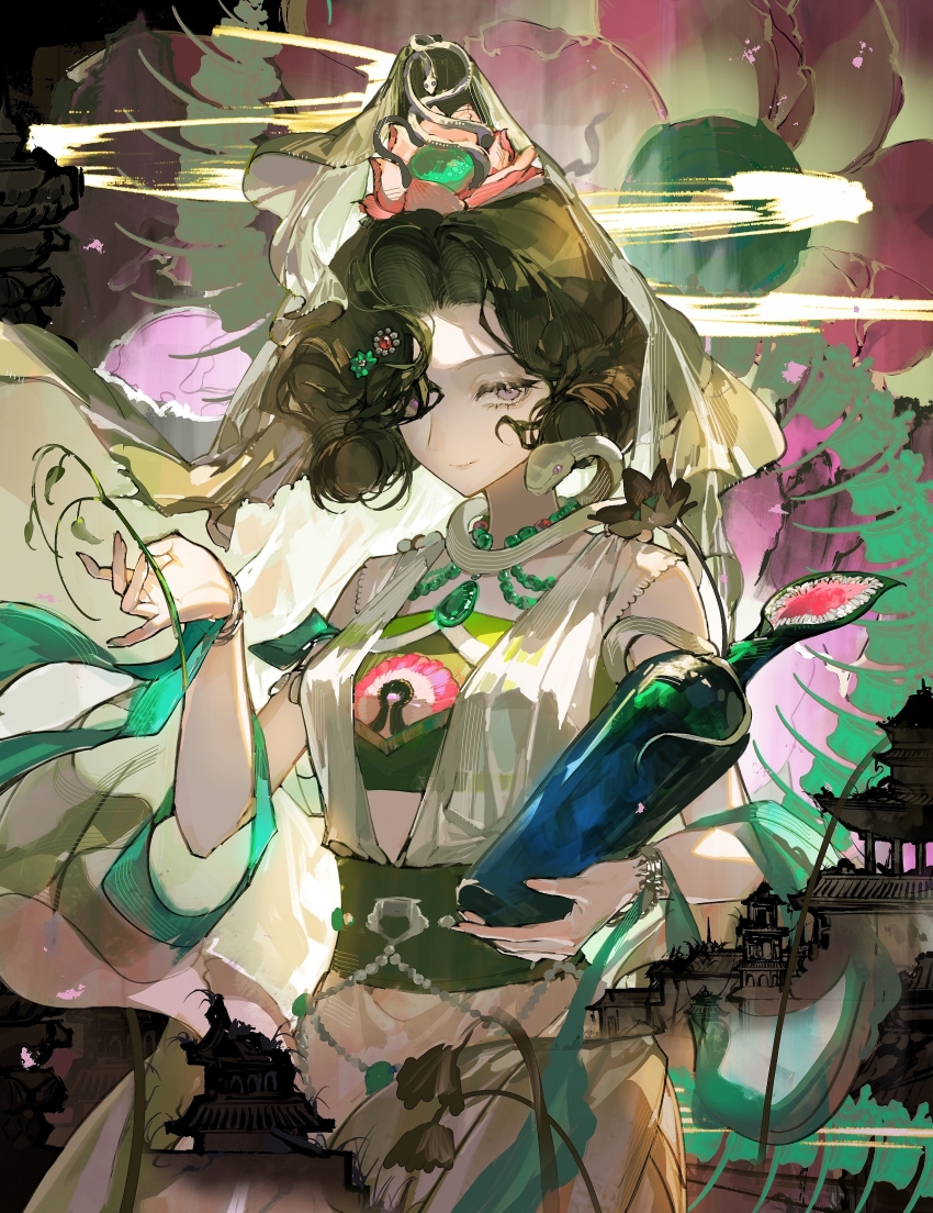 1girl absurdres animal animal_around_neck architecture bare_shoulders black_hair bottle branch dress east_asian_architecture floral_background flower green_shawl hagoromo hair_bun hair_over_one_eye hands_up highres holding holding_bottle holding_branch jade_(gemstone) jewelry looking_at_viewer lotus lotus_hair_ornament necklace official_alternate_costume purple_eyes reverse:1999 shawl short_hair single_hair_bun smile smoke snake solo tuesday_(reverse:1999) upper_body veil white_dress white_veil zzzzzm_jiangzhouzi