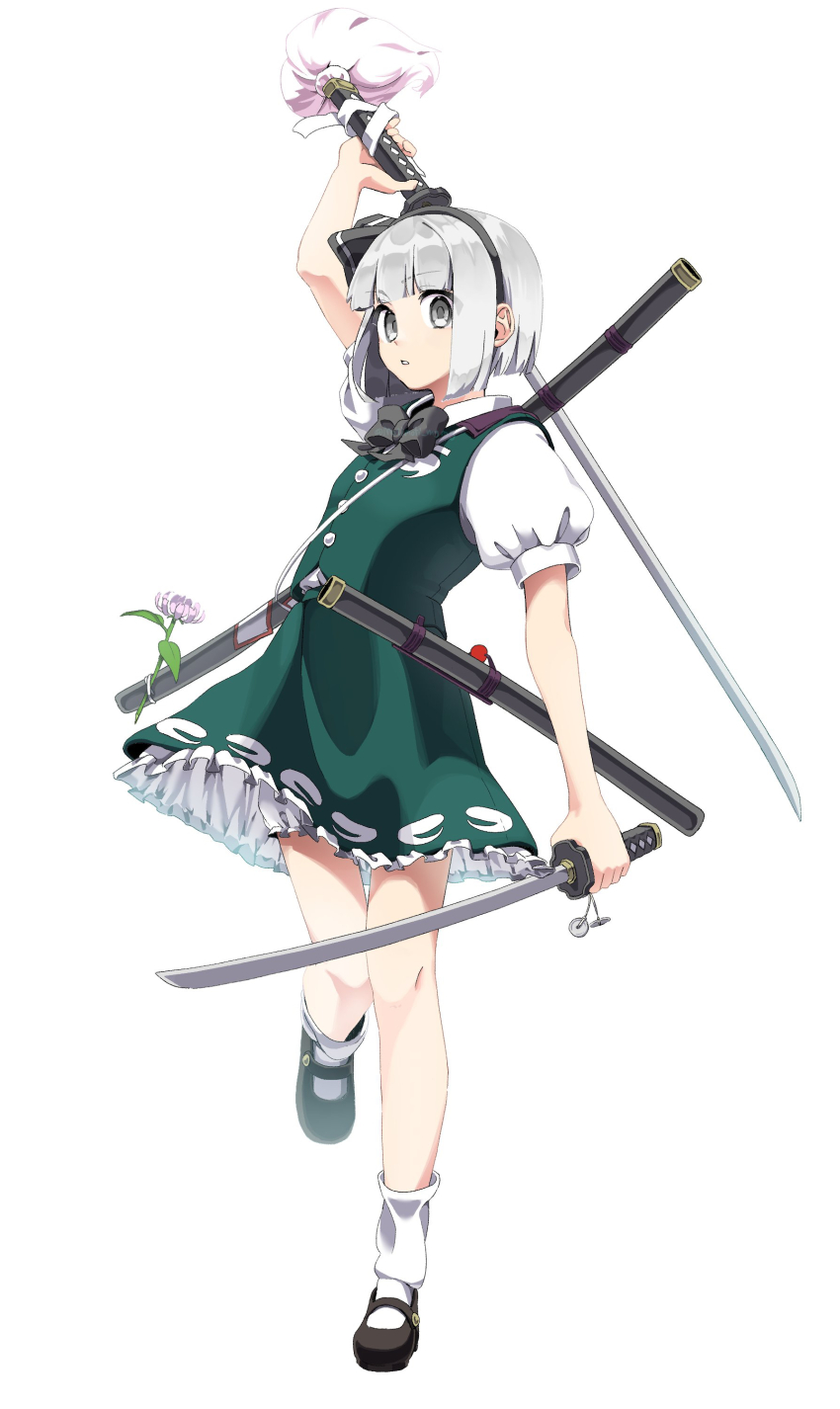 1girl absurdres arm_up artist_name black_bow black_eyes black_hairband black_shoes bloomers bobby_socks bow bow_hairband bowtie buttons commentary_request dual_wielding flower frilled_skirt frills full_body green_skirt green_vest grey_hair hairband highres hitodama_print holding holding_sword holding_weapon katana konpaku_youmu layered_skirt looking_at_viewer mary_janes motimoti_mgmg parted_lips print_skirt print_vest puffy_short_sleeves puffy_sleeves sheath shirt shoes short_sleeves skirt socks solo spider_lily standing standing_on_one_leg sword touhou twitter_username underwear unsheathed vest weapon white_bloomers white_flower white_shirt white_socks white_spider_lily