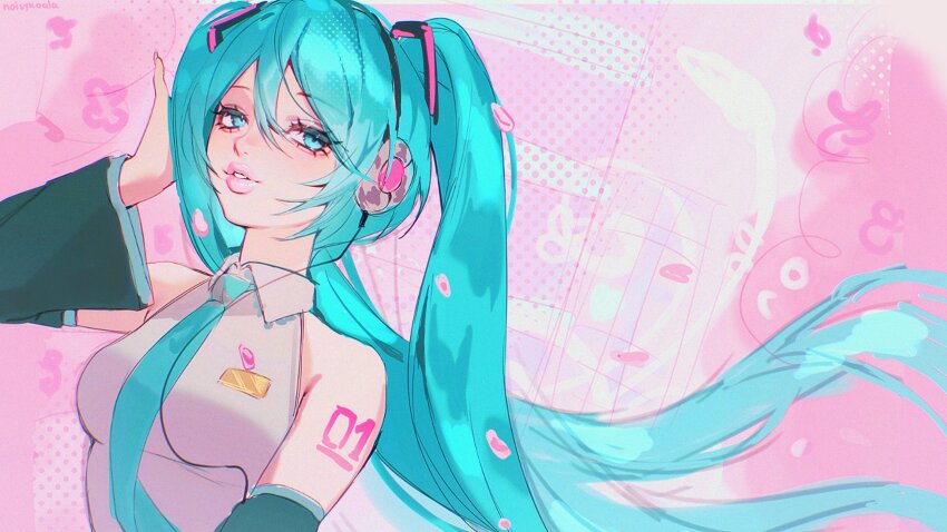 1girl aegyo_sal arm_markings blue_eyes blue_hair blue_necktie breasts collared_shirt detached_sleeves double-parted_bangs drawn_flower eyelashes falling_petals film_grain floating_hair frutiger_metro hair_between_eyes halftone halftone_background hand_on_own_ear hatsune_miku headphones highres long_hair looking_at_viewer medium_breasts necktie noisykoala parted_lips petals pink_background polka_dot polka_dot_background shirt sketch sleeveless sleeveless_shirt teeth thick_lips twintails very_long_hair vocaloid wide_sleeves