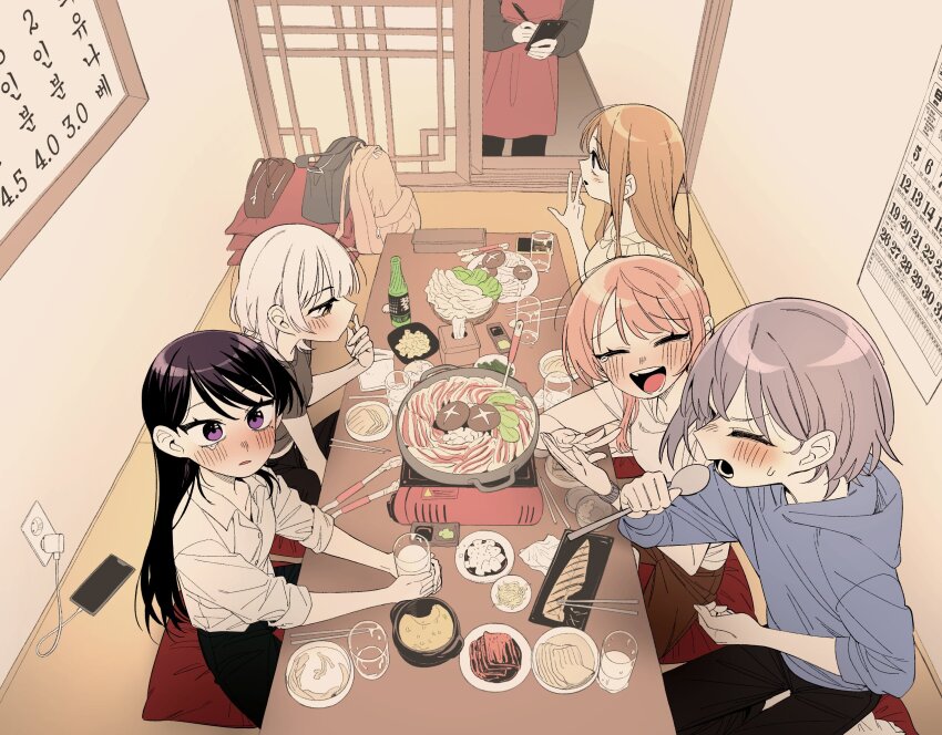 5girls apron bag bang_dream! bang_dream!_it&#039;s_mygo!!!!! black_pants blush brown_hair calendar_(object) cellphone chihaya_anon chopsticks cup drink food highres hood hoodie kaname_raana long_hair long_sleeves multiple_girls music nagasaki_soyo neonfloyd pants pen phone pillow pink_hair plate purple_eyes purple_hair shiina_taki shirt short_hair singing sitting sleeves_rolled_up takamatsu_tomori tears wariza white_hair