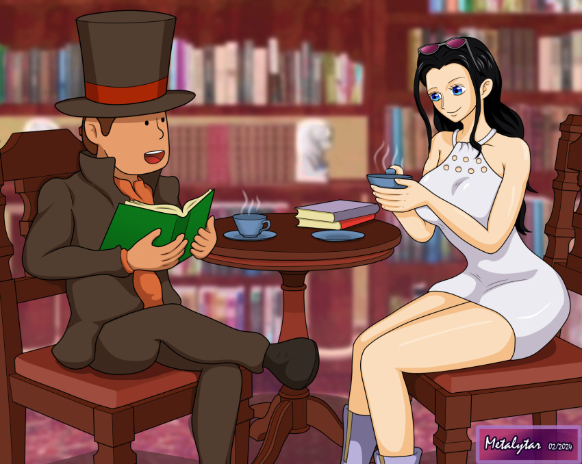 1boy 1girl book breasts cup curvy dress hat hershel_layton highres holding holding_cup large_breasts metalytar nico_robin one_piece professor_layton sitting sunglasses top_hat white_dress
