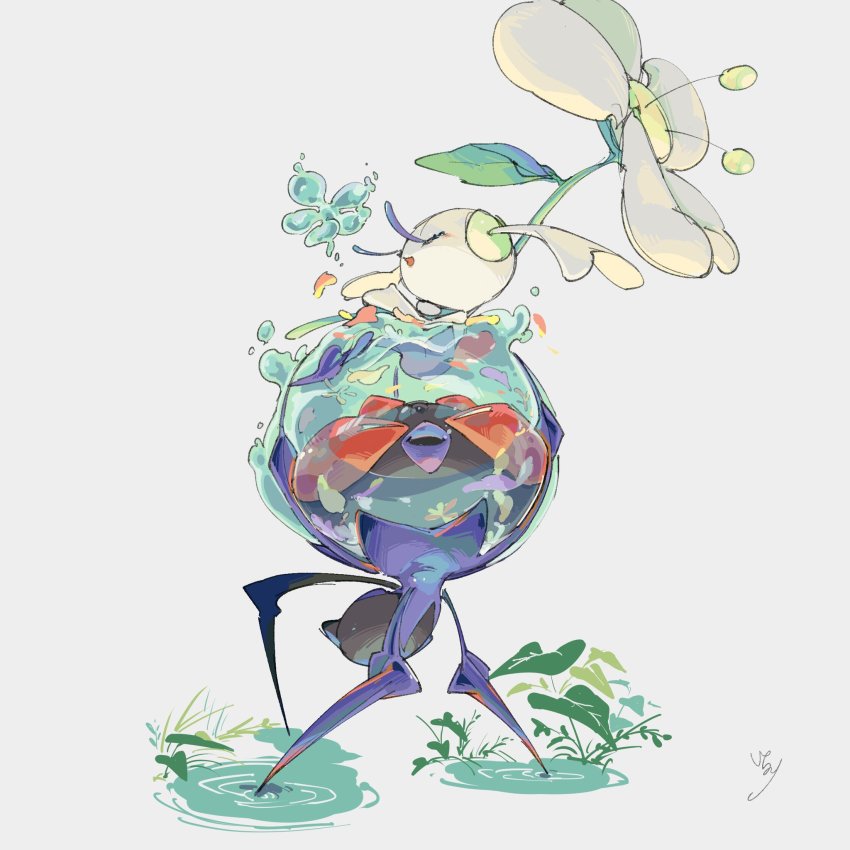 closed_eyes dewpider eyelashes flabebe flabebe_(white_flower) flower gen_6_pokemon gen_7_pokemon highres ichinori_(ka_n_zo) leaf nintendo no_humans open_mouth petals pokemon pokemon_(creature) ripples water white_flower