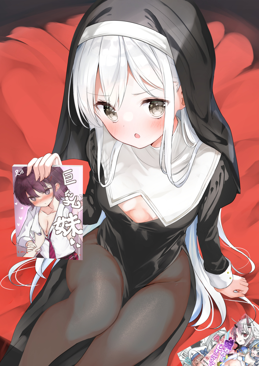 1girl absurdres black_dress black_pantyhose black_veil blush breast_curtains breasts cleavage dress grey_eyes grey_hair hamaken._(novelize) highres holding holding_magazine imouto-chan_(hamaken.) long_sleeves looking_at_viewer magazine_(object) nun open_mouth original pantyhose pelvic_curtain pornography sitting small_breasts solo traditional_nun veil