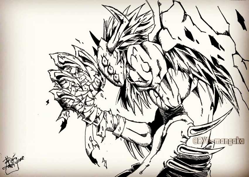 1boy bandaged_hand claws creepy demon demon_wings digimon digimon_(creature) expressionless highres horned_mask horns long_hair looking_at_viewer mask monochrome muscular neodevimon pectorals red_wings twitter_username white_hair wings