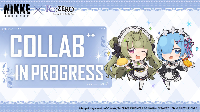 2girls antenna_hair apron black_dress black_footwear black_ribbon blue_eyes blue_hair blunt_bangs breasts chibi commentary crossover dress english_commentary english_text food frilled_apron frilled_sleeves frills full_body goddess_of_victory:_nikke green_hair green_necktie hair_ornament hair_over_one_eye hair_ribbon hair_rings hairclip long_hair maid_headdress multiple_girls neck_ribbon necktie no_nose official_art omelet omurice open_mouth pink_eyes pink_ribbon plate re:zero_kara_hajimeru_isekai_seikatsu rem_(re:zero) ribbon roswaal_mansion_maid_uniform short_hair shrimp shrimp_tempura soda_(nikke) sparkle standing standing_on_one_leg tempura thighhighs totatokeke very_long_hair white_apron white_dress white_thighhighs x_hair_ornament