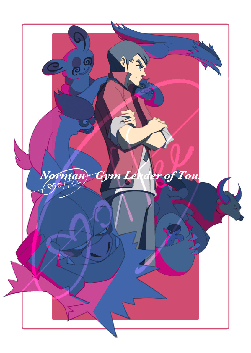 1boy absurdres black_hair border cccacademia character_name closed_mouth commentary_request crossed_arms gen_1_pokemon gen_3_pokemon grey_eyes grey_pants grey_shirt highres jacket kangaskhan linoone male_focus nintendo norman_(pokemon) open_clothes open_jacket pants pokemon pokemon_(creature) pokemon_oras red_jacket shirt short_hair signature slaking slakoth spinda tauros vigoroth white_border