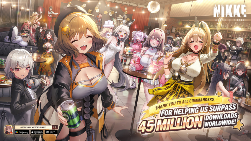 1boy ade_(nikke) animal_ears anis_(nikke) apron artist_request bar_(place) bay_(nikke) beret black_dress black_hair black_jacket blanc_(nikke) blonde_hair breasts brown_eyes brown_hair can clay_(nikke) cleavage closed_eyes closed_mouth clothes_around_waist cocoa_(nikke) commentary couch dolla_(nikke) drake_(nikke) dress drink_can english_commentary fang goddess_of_victory:_nikke hat highres holding holding_can jacket jacket_around_waist large_breasts long_hair looking_at_another looking_at_viewer ludmilla_(nikke) maid maid_apron maid_headdress milk_(nikke) moran_(nikke) multicolored_hair mustang_(nikke) noir_(nikke) official_art on_couch open_mouth pink_eyes pink_hair ponytail purple_eyes purple_hair rabbit_ears rapi_(nikke) red_eyes rosanna_(nikke) rouge_(nikke) sakura_(nikke) sitting skin_fang skirt soda_(nikke) soda_can split-color_hair standing sugar_(nikke) sunglasses tray viper_(nikke) white_hair yan_(nikke)