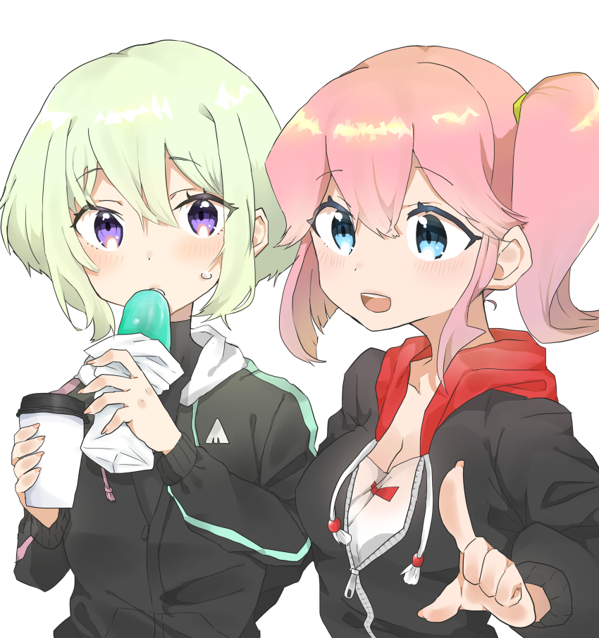 1boy 1girl absurdres aina_ardebit black_hoodie blonde_hair blue_eyes blush breasts cleavage cup disposable_coffee_cup disposable_cup food highres holding holding_cup holding_food hood hoodie lio_fotia medium_breasts pink_hair pointing popsicle promare purple_eyes short_hair side_ponytail sidelocks simple_background sweatdrop trap tyooka3244 white_background wrapper