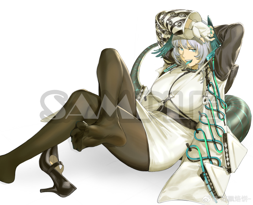 1girl aqua_eyes aqua_tongue aqua_wings arknights arm_behind_head arms_up artist_name asymmetrical_sleeves belt between_breasts black_belt black_pantyhose black_shoes black_tail breasts chinese_commentary coat colored_tongue commentary_request commission crossed_legs dress fingerless_gloves fingernails foot_out_of_frame foot_up gloves green_nails grey_hair head_wings high_heels highres ho&#039;olheyak_(arknights) huge_breasts infection_monitor_(arknights) infinity_symbol leg_up long_sleeves looking_at_viewer medium_hair microdress mismatched_sleeves nail_polish open_clothes open_coat open_mouth pantyhose reclining ruukii_drift sample_watermark shoes snake_girl snake_tail soles solo strap_between_breasts tail toes tongue tongue_out unworn_shoes watermark weibo_watermark white_coat white_dress white_gloves wings zipper