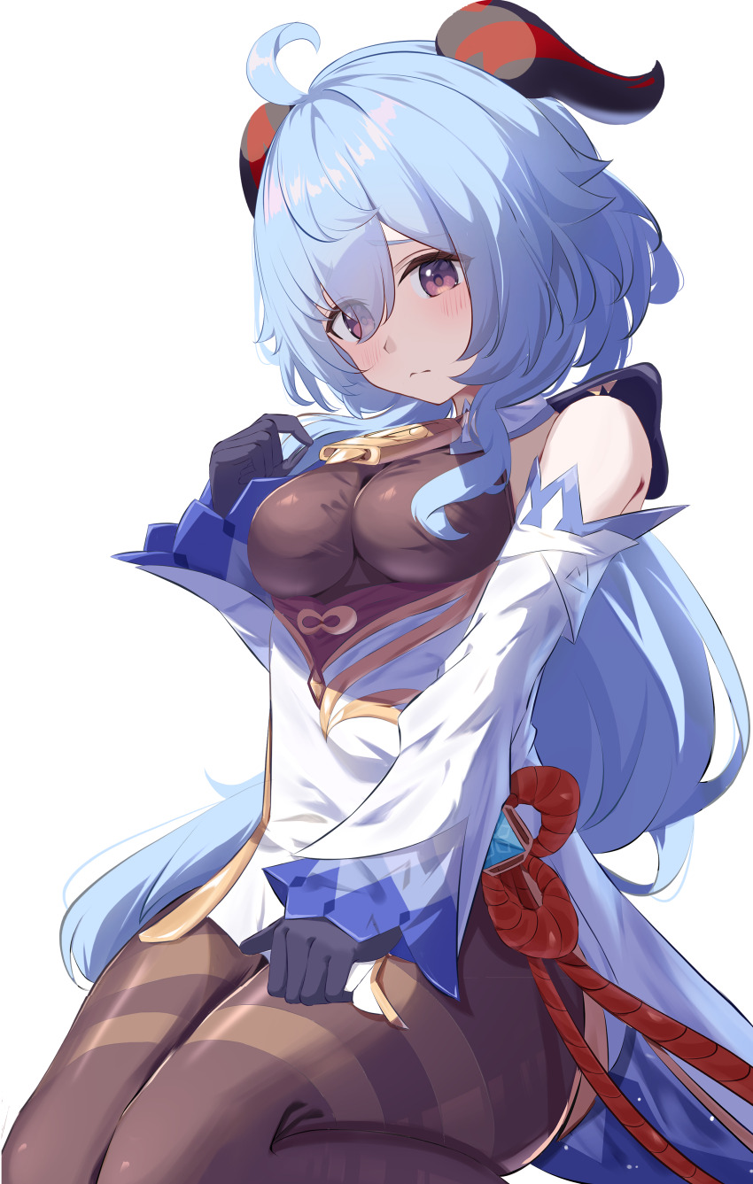1girl absurdres ahoge bare_shoulders bell black_gloves blue_hair bodystocking breasts closed_mouth commentary_request cowbell detached_sleeves frown ganyu_(genshin_impact) genshin_impact gloves goat_horns hair_between_eyes hand_up highres horns impossible_bodystocking impossible_clothes long_hair looking_at_viewer looking_down medium_breasts moni_(moni7475) neck_bell paid_reward_available purple_eyes sidelocks simple_background sitting solo very_long_hair vision_(genshin_impact) white_background
