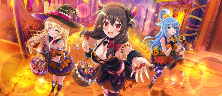 3girls :d :i ankle_boots aqua_(konosuba) armlet bag bare_arms bare_shoulders black_bustier black_choker black_collar black_footwear black_gloves black_hat black_skirt black_trim blonde_hair blue_eyes blue_hair blush boots bow bow_skirt bowtie braid breasts brown_hair bucket building bustier candle candy chewing choker cleavage closed_eyes collar collarbone cross-laced_clothes cross-laced_dress crown_braid crumbs demon_horns detached_sleeves dress eating fake_horns fingerless_gloves food frilled_bustier frilled_collar frilled_dress frilled_sleeves frills fruit game_cg gloves grape_hat_ornament grapes hair_between_eyes hair_bow hair_rings halloween halloween_bucket halloween_costume hat hat_ornament hat_ribbon highres holding holding_bucket holding_food horns incoming_food iris_(konosuba) jewelry knee_boots kono_subarashii_sekai_ni_shukufuku_wo! konosuba!_fantastic_days large_breasts layered_dress leaning_forward leg_up leg_wrap light_blue_hair light_blush long_hair looking_at_viewer low_twintails midriff miniskirt multicolored_dress multiple_girls navel night official_alternate_costume official_art open_mouth orange_dress orange_skirt orange_sleeves outdoors puffy_detached_sleeves puffy_sleeves purple_bow purple_dress purple_hat purple_thighhighs purple_trim reaching reaching_towards_viewer red_bow red_bowtie red_eyes red_horns red_ribbon ribbon road short_dress short_sleeves shoulder_bag side_braid sidelocks single_hair_ring single_thighhigh skirt sleeveless sleeveless_dress small_breasts smile strapless strapless_dress street striped_clothes striped_thighhighs thighhighs trick-or-treating twintails two-sided_fabric two-sided_headwear two-tone_skirt v-shaped_eyebrows witch_hat wristband yunyun_(konosuba) zettai_ryouiki