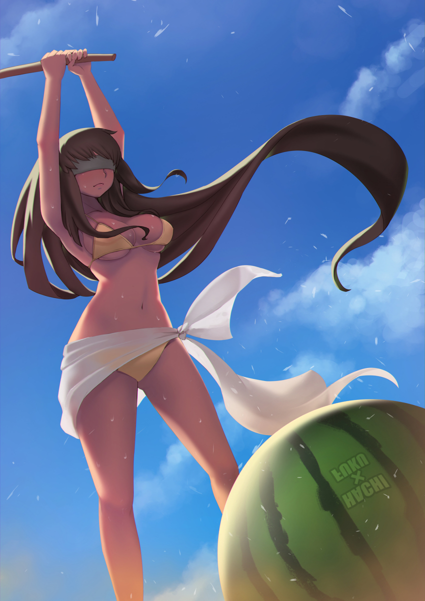1girl arms_up bikini blindfold breasts cloud day female_focus food fruit hachifuku highres large_breasts long_hair original sky solo suikawari sweat swimsuit very_long_hair watermelon yellow_bikini