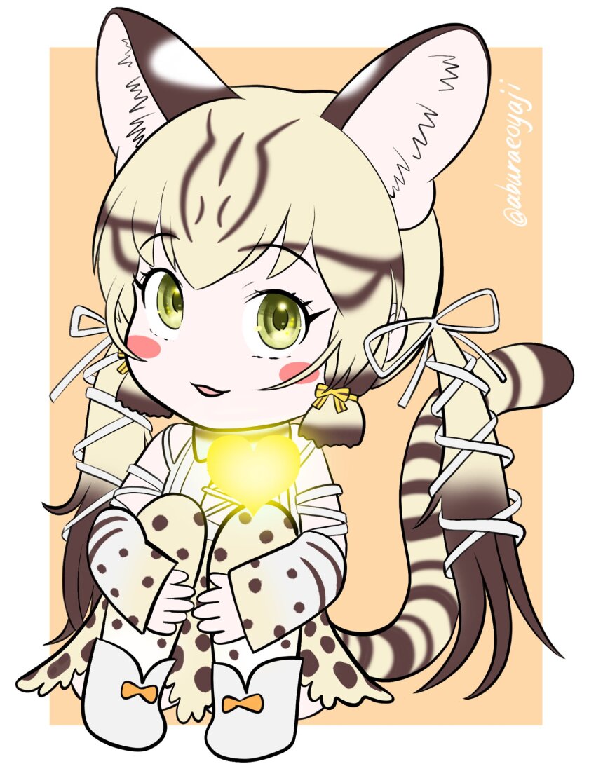 1girl aburaeoyaji full_body geoffroy&#039;s_cat_(kemono_friends) grey_hair heart highres kemono_friends kemono_friends_v_project long_hair looking_at_viewer simple_background solo virtual_youtuber