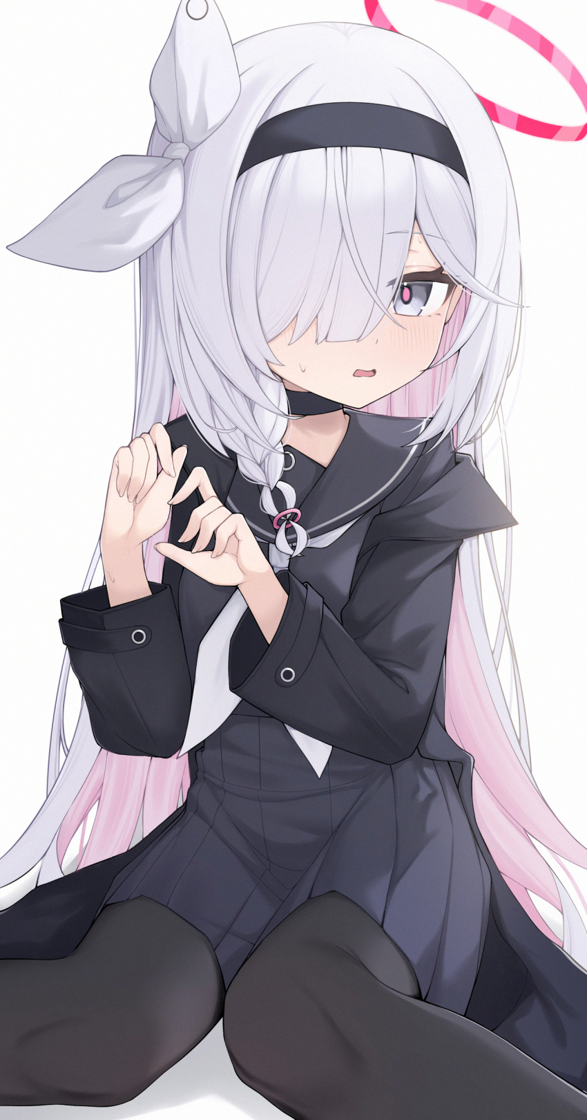 1girl absurdres black_choker black_coat black_hairband black_pantyhose black_sailor_collar black_serafuku black_shirt black_skirt blue_archive blunt_ends blush bow braid chinese_commentary choker coat colored_inner_hair commentary feet_out_of_frame grey_eyes hair_bow hair_over_one_eye hairband halo hands_up highres long_bangs long_hair long_sleeves looking_at_viewer miniskirt multicolored_hair one_eye_covered open_clothes open_coat open_mouth pantyhose pink_hair pink_pupils plana_(blue_archive) pleated_skirt red_halo sailor_collar school_uniform serafuku shirt simple_background single_braid sitting skirt solo straight_hair sweatdrop very_long_hair wariza wendao white_background white_bow white_hair wide_sleeves