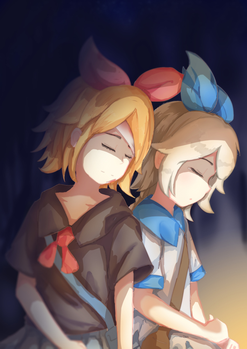 2girls absurdres animal_ears backpack bag black_shirt blue_ribbon closed_eyes haru_(yomawari) highres ke_ke_(pixiv_id_16747634) multiple_girls pleated_skirt ponytail rabbit_ears red_ribbon ribbon school_uniform shin_yomawari shirt short_sleeves shoulder_bag skirt tears white_shirt yomawari_(series) yui_(yomawari)