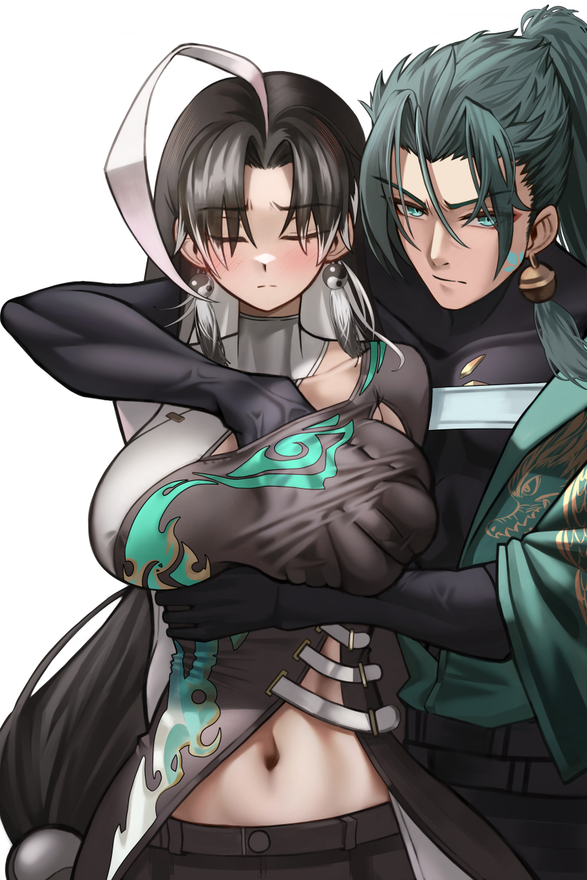 1boy 1girl absurdres ahoge asymmetrical_dress belt black_belt black_gloves black_hair black_shirt blush breasts closed_eyes closed_mouth dress earrings gloves grabbed_breast_over_shoulder grabbing_another&#039;s_breast green_eyes green_hair green_kimono groping hand_under_clothes hand_under_shirt highres huge_ahoge japanese_clothes jewelry jianxin_(wuthering_waves) jiyan_(wuthering_waves) kimono long_hair looking_at_viewer multicolored_hair navel shirt side_slit walnut_1477 wuthering_waves