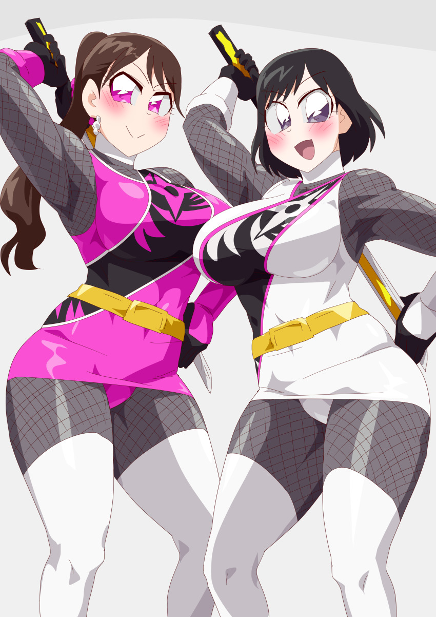 2girls absurdres black_hair bodysuit brown_hair highres igasaki_fuuka momochi_kasumi multiple_girls no_headwear otokamu pink_eyes purple_eyes shuriken_sentai_ninninger super_sentai