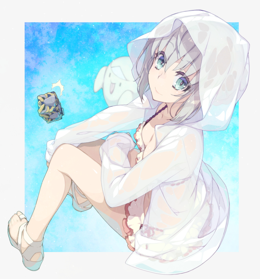 1girl add_(fate) bikini breasts cleavage cube fate/grand_order fate_(series) frills gray_(fate) green_eyes grey_hair highres hood jacket long_hair long_sleeves looking_at_viewer lord_el-melloi_ii_case_files medium_breasts saipaco sandals see-through_clothes sidelocks smile swimsuit white_bikini white_jacket