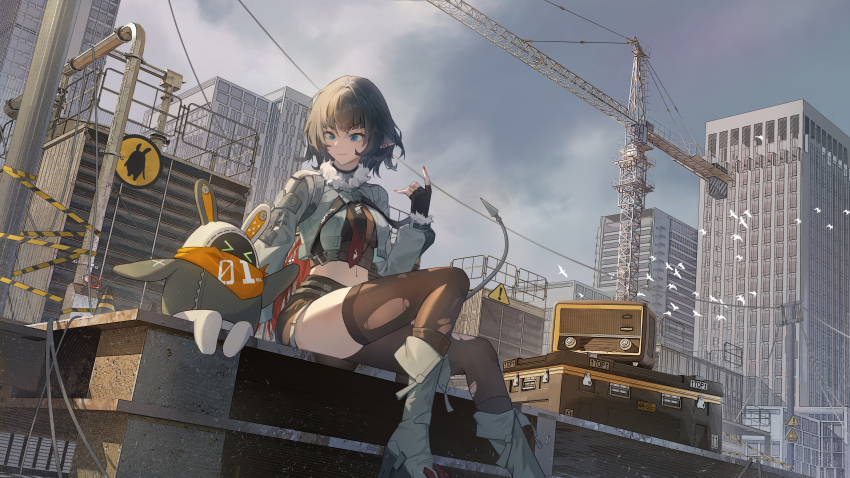 1girl absurdres animal_ears black_gloves black_hair black_shorts brown_thighhighs building closed_mouth cloud cloudy_sky commentary_request construction_site crane_(machine) fingerless_gloves fur-trimmed_jacket fur_trim gloves green_eyes green_jacket highres jacket jane_doe_(zenless_zone_zero) looking_down outdoors pantyhose short_hair shorts sitting sky skyscraper smile solo sutiao-tt tail thighhighs torn_clothes torn_pantyhose torn_thighhighs zenless_zone_zero