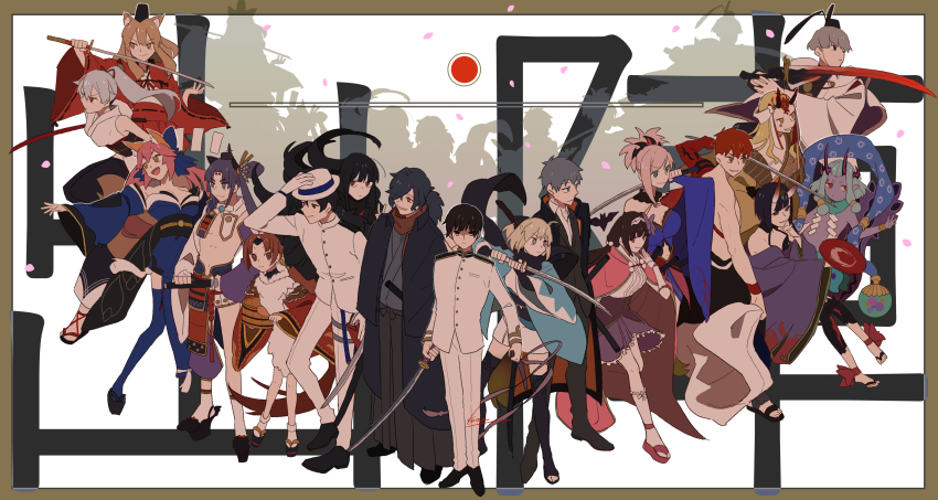 6+boys 6+girls absurdres ahoge animal_ear_fluff animal_ears apron aqua_hair armor axis_powers_hetalia beni-enma beni-enma_(first_ascension) black_hair blonde_hair bow breast_curtains brown_eyes brown_hair cloak country_connection crossover dark-skinned_female dark_skin detached_sleeves emiya_shirou facial_mark fate/grand_order fate_(series) feathers fox_ears fox_girl gloves grey_hair hair_bow hair_ornament hair_over_one_eye hair_ribbon hairband hat highres holding holding_sword holding_weapon horns ibaraki_douji_(fate) ibuki_douji_(first_ascension)_(fate) jacket japan_(hetalia) japanese_armor japanese_clothes katana kimono kome_043 long_hair long_sleeves miyamoto_musashi_(fate) multiple_boys multiple_girls okada_izou_(fate) okita_souji_(fate) okita_souji_(koha-ace) oni open_mouth oryou_(fate) osakabehime_(fate) pants pink_hair pointy_ears ponytail purple_eyes purple_hair red_eyes red_hair revealing_clothes ribbon saitou_hajime_(fate) sakamoto_ryouma_(fate) scarf senji_muramasa_(fate) shirt short_hair shuten_douji_(fate) side_ponytail skin-covered_horns skirt smile suzuka_gozen_(fate) sword tamamo_(fate) tamamo_no_mae_(fate/extra) thighhighs tomoe_gozen_(fate) ushiwakamaru_(fate) watanabe_no_tsuna_(fate) weapon wide_sleeves yellow_eyes