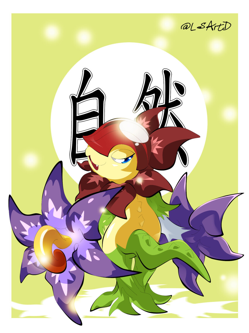 blue_eyes digimon digimon_(creature) fang floramon highres petals solo tail