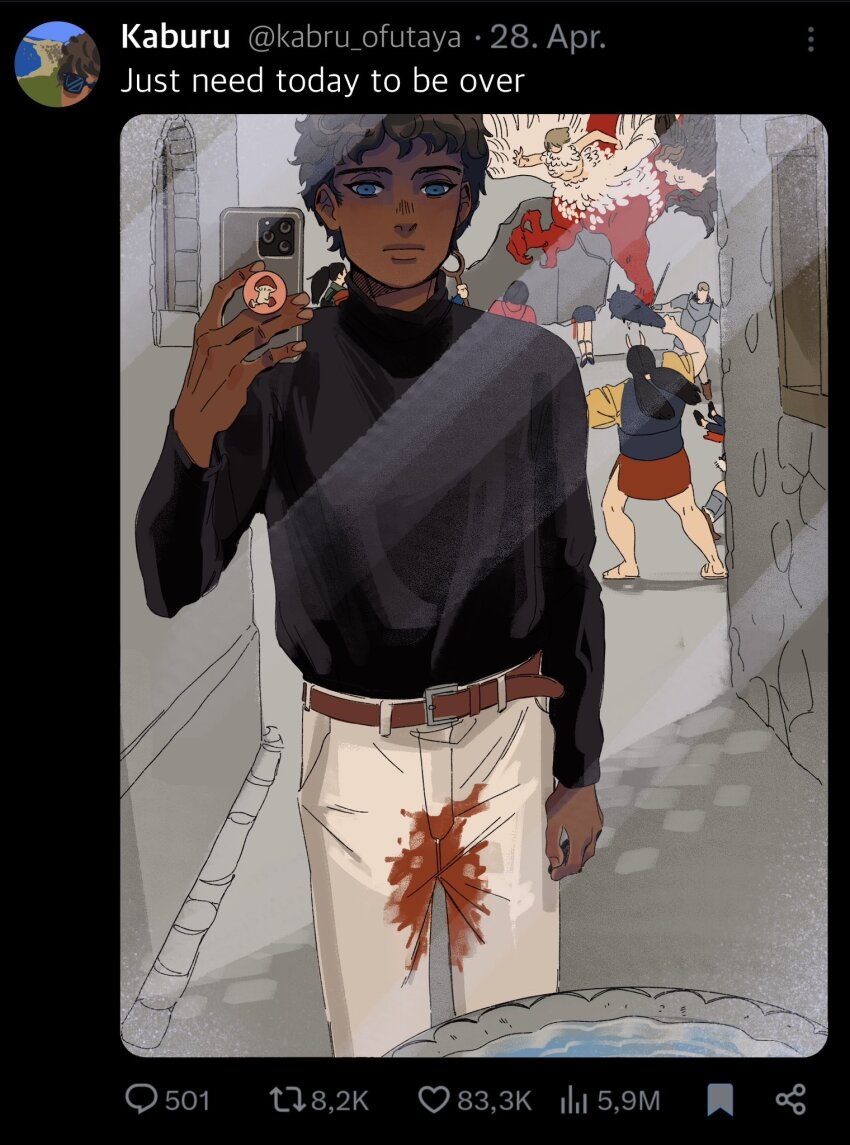 4boys 6+girls anachronism benichidori blood blood_on_clothes blue_eyes brown_hair building cellphone closed_mouth commentary dark-skinned_male dark_skin dungeon_meshi english_commentary english_text falin_touden falin_touden_(chimera) fountain hand_up harpy hien highres holding holding_phone inutade kabru laios_touden long_sleeves looking_at_viewer male_focus marcille_donato meme monster_girl multiple_boys multiple_girls pants pearl_seemann phone senshi_(dungeon_meshi) short_hair shurou smartphone standing twitter