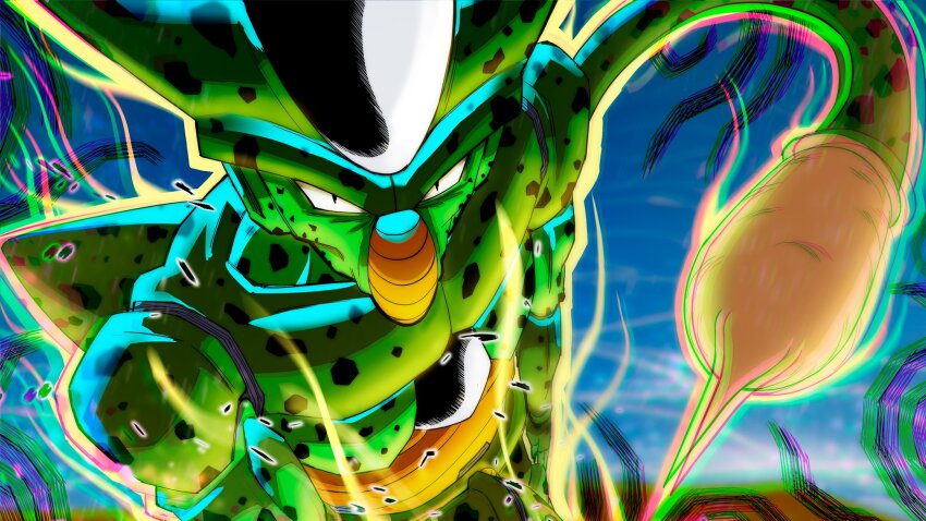 1other blue_background blurry blurry_background carapace cell_(dragon_ball) chromatic_aberration closed_mouth colored_skin commentary depth_of_field dragon_ball dragonball_z english_commentary green_outline green_skin green_tail highres imperfect_cell looking_at_viewer miasma monster monster_focus ocean outline pink_outline slit_pupils solo spots tail upper_body yellow_light yellow_outline zerooart