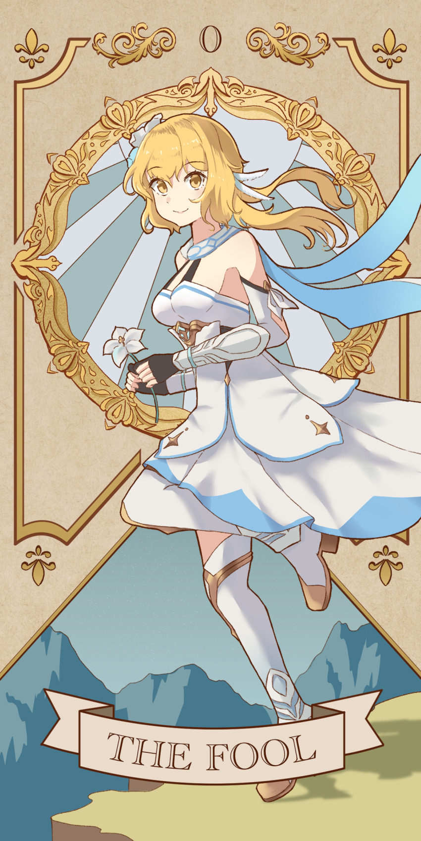 1girl bare_shoulders black_gloves blonde_hair blue_flower blue_sky boots breasts brown_eyes closed_mouth commentary_request dress flower full_body genshin_impact gloves hair_between_eyes hair_flower hair_ornament highres holding holding_flower holmemee long_hair looking_at_viewer lumine_(genshin_impact) medium_breasts mountain partially_fingerless_gloves running sky smile solo sunburst sunburst_background tarot the_fool_(tarot) thigh_boots white_boots white_dress white_flower