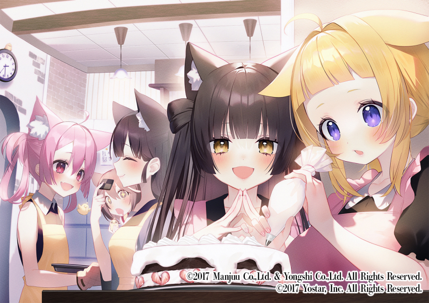 +_+ 5girls :d ahoge alternate_costume animal_ear_fluff animal_ears apron ariake_(azur_lane) asagi_yuna azur_lane baking baking_sheet black_hair black_shirt blonde_hair brown_hair cake cat_ears cat_girl character_request check_character checkerboard_cookie clock closed_eyes closed_mouth collared_shirt commentary_request company_name cookie copyright_notice drooling fang food fruit gloves hair_rings hanging_light hatsuharu_(azur_lane) hatsushimo_(azur_lane) holding holding_food holding_pastry_bag indoors long_hair looking_at_food manjuu_(azur_lane) mouth_drool multiple_girls official_art open_mouth oven_mitts pastry_bag pink_eyes pink_hair puffy_short_sleeves puffy_sleeves purple_eyes shirt short_hair short_sleeves sleeveless sleeveless_shirt smile squirrel_girl steepled_fingers strawberry wakaba_(azur_lane) yellow_apron yellow_eyes yuugure_(azur_lane)