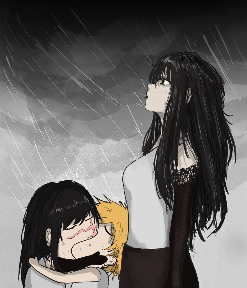 1boy 2girls black_hair blonde_hair chainsaw_man cross_scar denji_(chainsaw_man) facial_scar facing_up french_kiss goku_and_vegeta_in_the_rain_(meme) highres kiss lei_bao long_hair meme mitaka_asa multiple_girls netorare rain scar scar_on_cheek scar_on_face shirt short_hair white_shirt yoru_(chainsaw_man)
