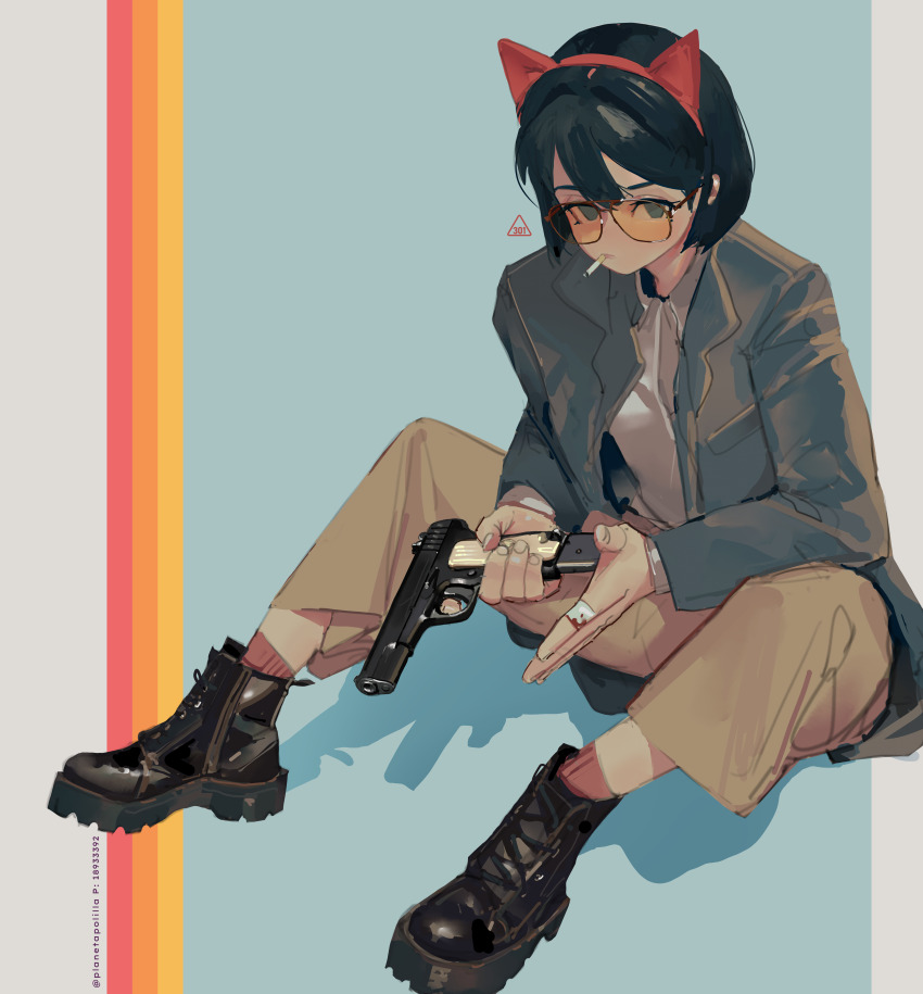 1girl absurdres animal_ear_hairband animal_ears ankle_boots bandage_on_finger bandages black_hair blazer blue_background bob_cut boots brown_pants cat_ear_hairband cat_ears cigarette collared_shirt dress_shirt fake_animal_ears grey_eyes grey_jacket gun hairband handgun highres holding holding_gun holding_weapon jacket leather leather_boots open_clothes open_jacket orange-tinted_eyewear original pants platform_boots platform_footwear polilla popped_collar red_socks reloading shirt simple_background sitting smoking socks solo striped_background sunglasses tinted_eyewear tokarev_tt-33 weapon white_shirt zipper