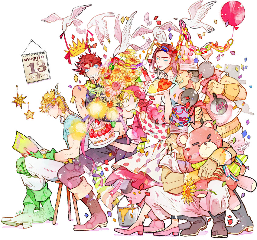 2girls 4boys balloon barbell bird birthday_cake book bouquet caesar_anthonio_zeppeli cake confetti dove flower food highres jojo_no_kimyou_na_bouken joseph_joestar joseph_joestar_(young) lisa_lisa loggins_(jojo) messina_(jojo) momijimanjuu multiple_boys multiple_girls open_book reading simple_background stuffed_animal stuffed_toy sunflower suzi_q teddy_bear