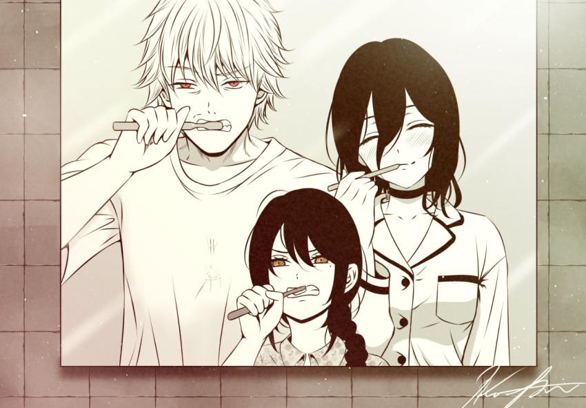 1boy 2girls braid braided_ponytail brushing_teeth chainsaw_man choker closed_eyes denji_(chainsaw_man) grenade_pin hair_between_eyes holding holding_toothbrush koya_(koya_x_00) mirror mole mole_under_eye multiple_girls nayuta_(chainsaw_man) pajamas red_eyes reflection reflection_focus reze_(chainsaw_man) ringed_eyes shirt short_hair toothbrush yellow_eyes