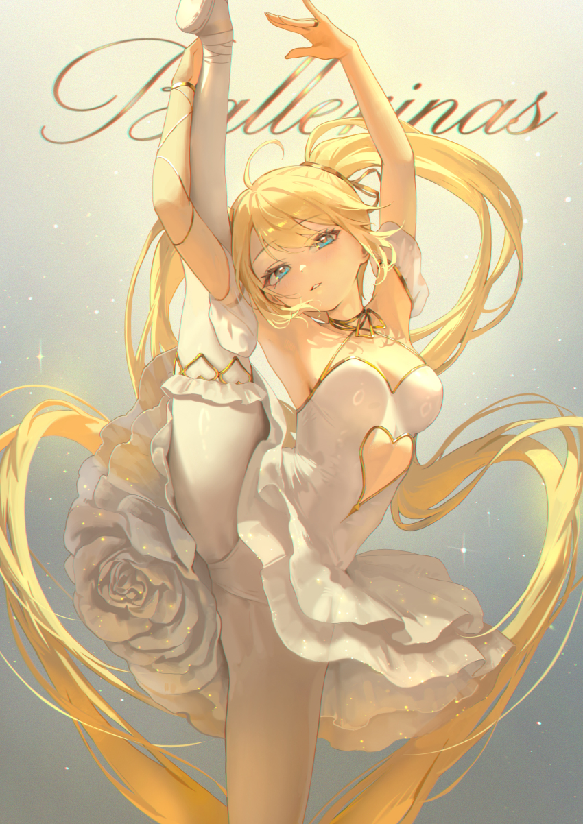 1girl absurdres ahoge armpits arms_up ballerina ballet bangsom blonde_hair blue_eyes breasts clothing_cutout commentary criss-cross_halter cutout_above_navel dancing dress gold_trim gradient_background halterneck heart_cutout highres jewelry long_hair looking_at_viewer medium_breasts nora_(bangsom) original pantyhose parted_lips ring solo split standing standing_on_one_leg standing_split tutu twintails very_long_hair white_dress white_pantyhose
